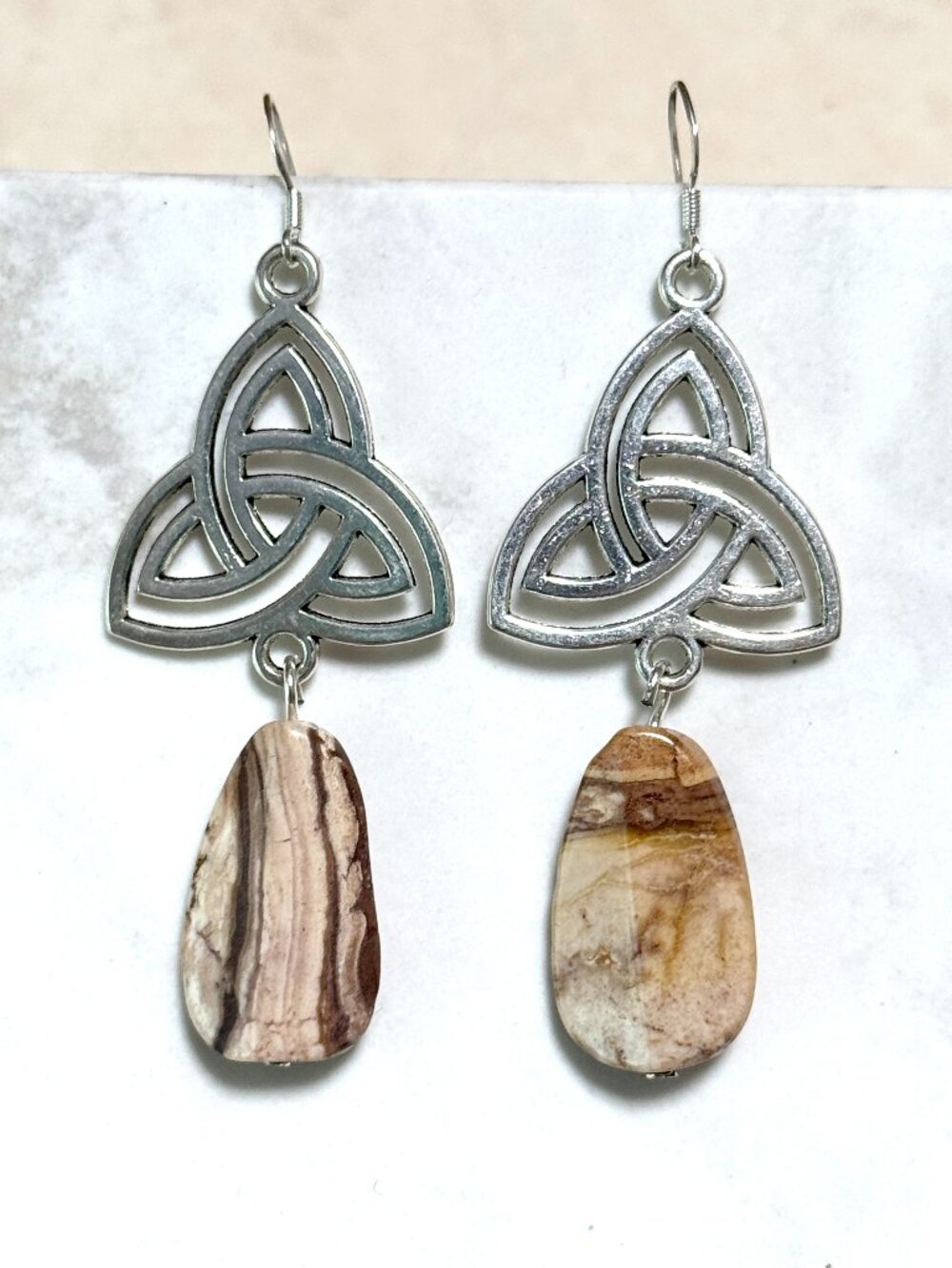 2/$20, Zebra Jasper Triqueta Dangle Earrings, Gemstone & Sterling Silver Hooks